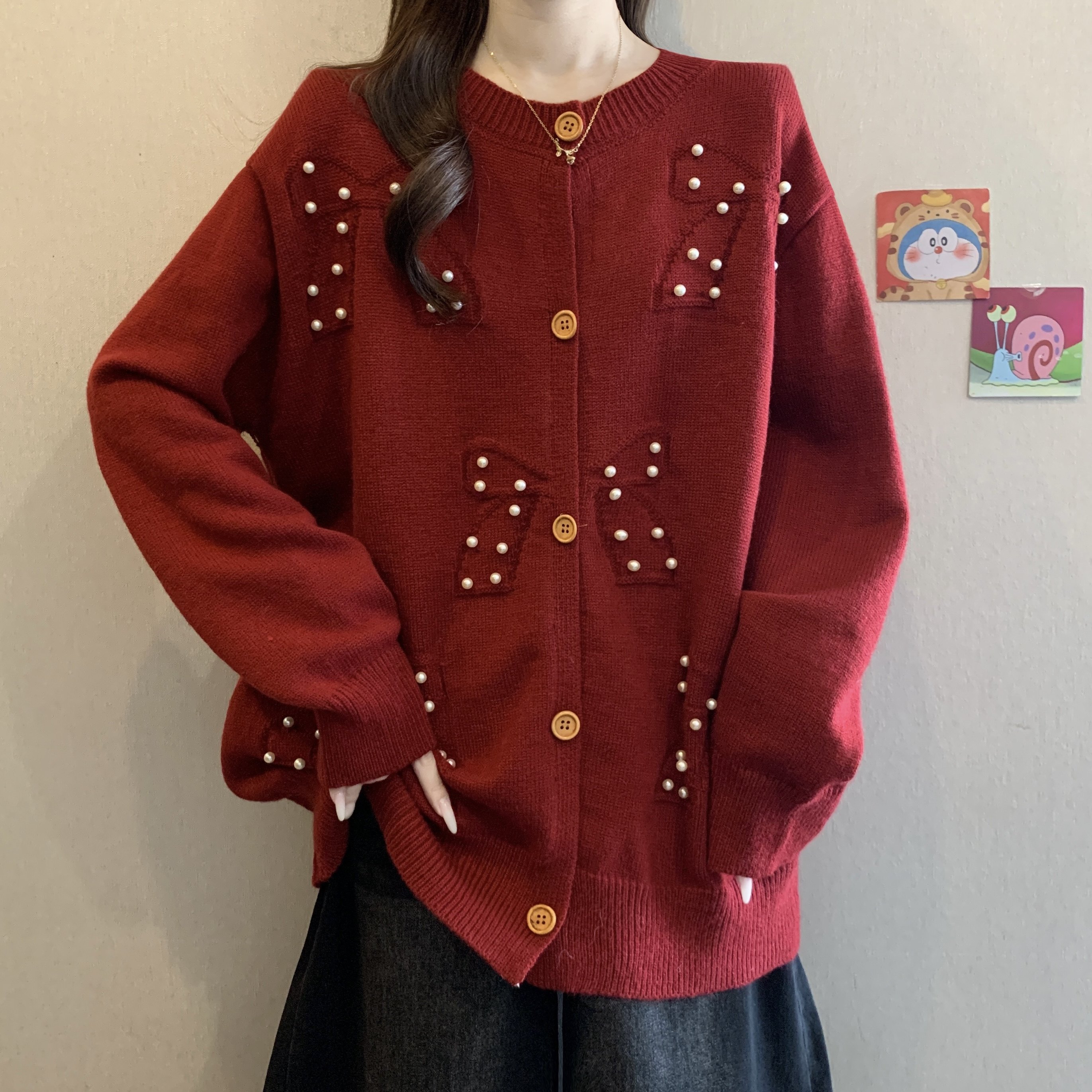 洋气重工钉珠蝴蝶结毛衣外套大码