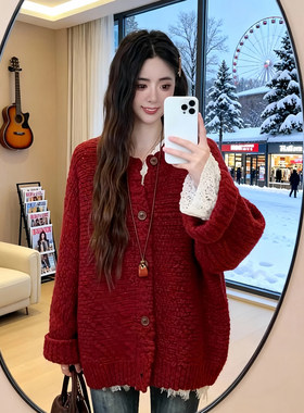 红色新年毛衣大码女装微胖mm针织开衫外套慵懒风气质减龄显瘦上衣