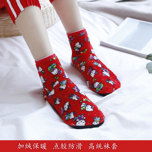 秋冬季加绒加厚成人女士地板袜高统印花女防滑保暖袜套居家鞋袜子