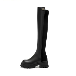 厚底过膝弹力靴拼接中跟长靴高筒靴 新款 HA235805哈森正品 2025冬季