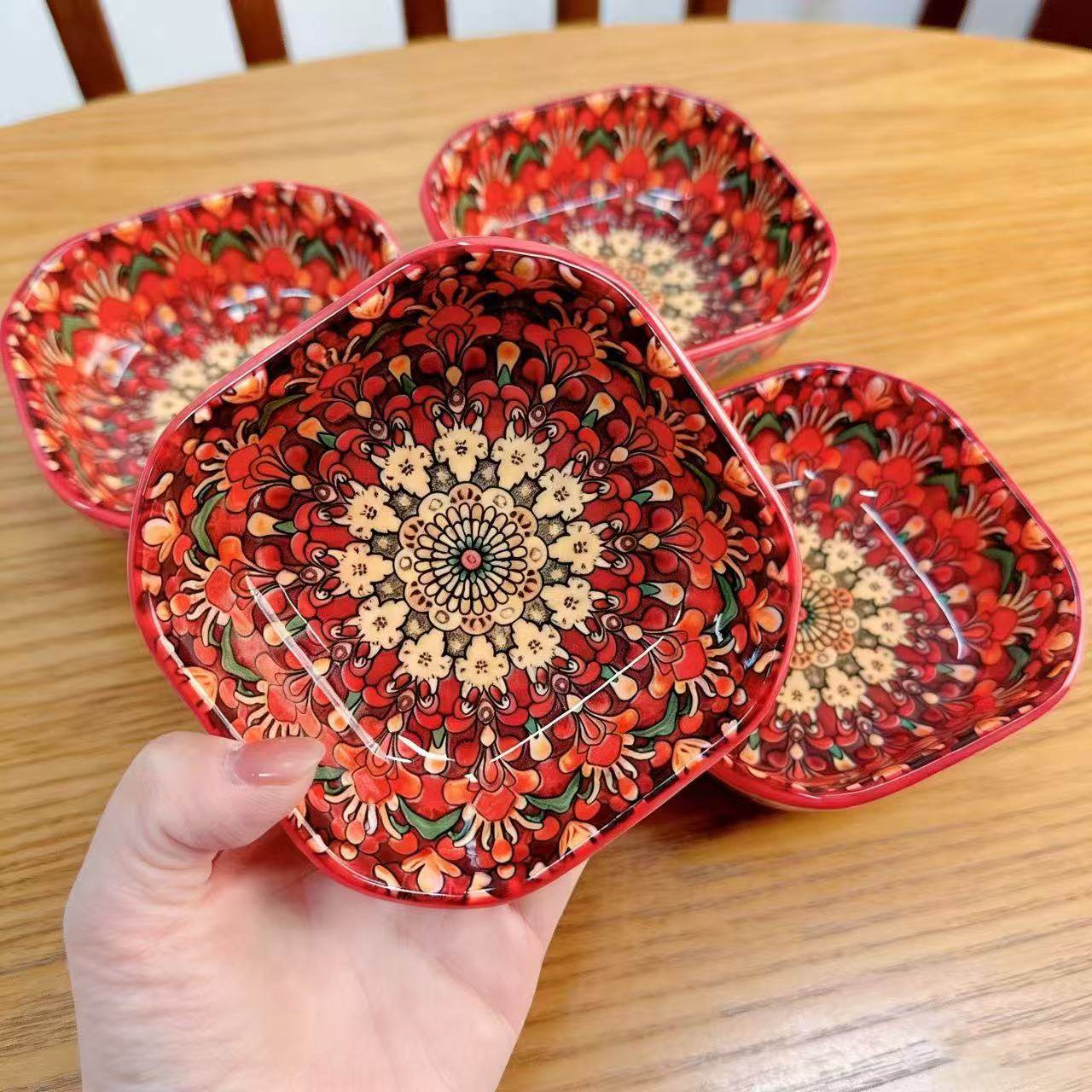 2026新款波西米亚4个装绯红盛宴八角方碟小吃蘸料碟小果盘零食碟,餐饮具,碟,淘宝优惠券,粉丝福利购,淘宝优惠卷