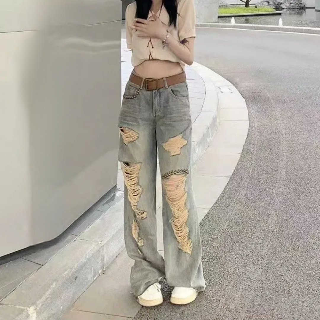 绰乐欧货腰直筒裤牛仔裤女2025春夏新款怀旧色破洞阔脚裤拖地裤