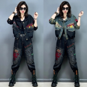 2025新款时尚休闲百搭牛仔外套女装宽松显瘦短款上衣牛仔裤两件套