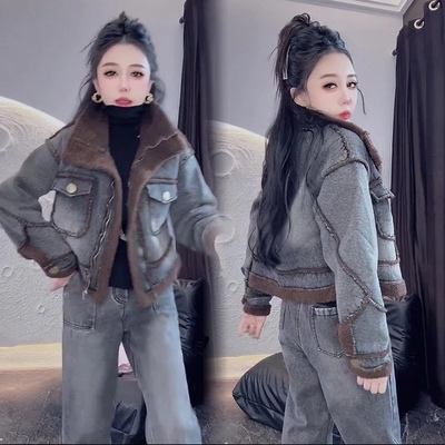 羊羔毛拼接牛仔套装女