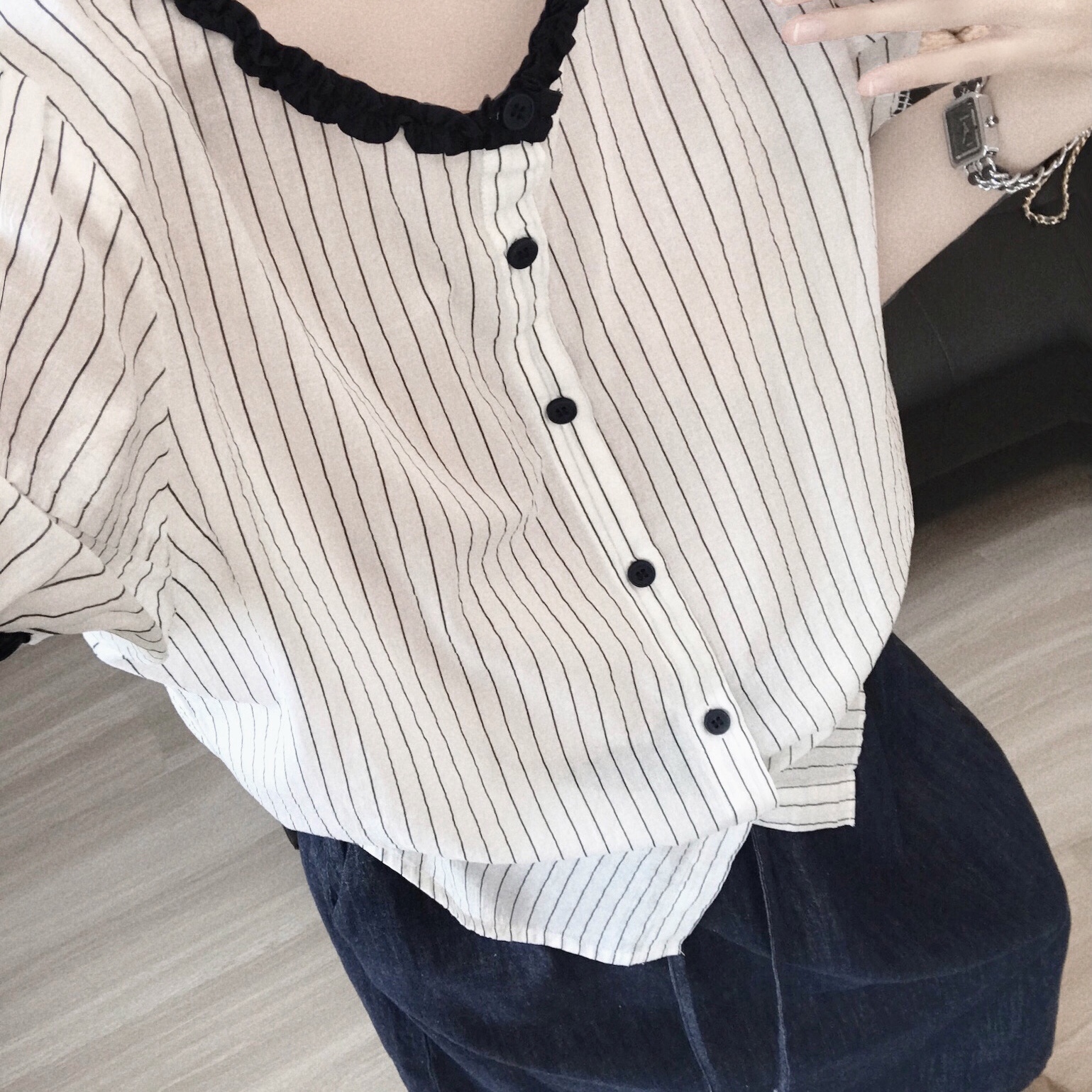 【大萌家】英区慢生活  时尚编辑ootd  高智感简约竖纹衬衫上衣女