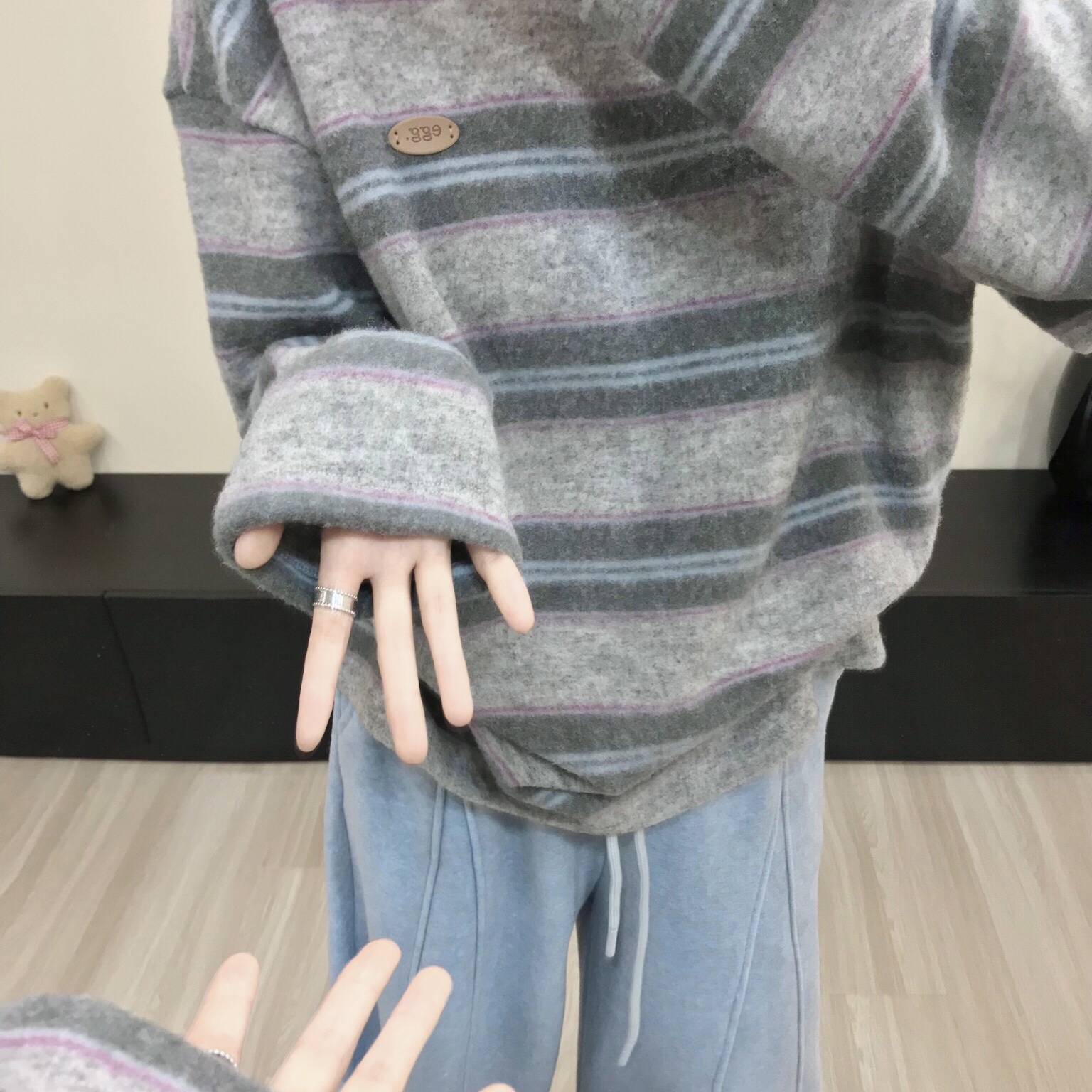 【大萌家】Blue Hour初雪降临的日子~ 蓝色兔毛绒质感厚实条纹T恤