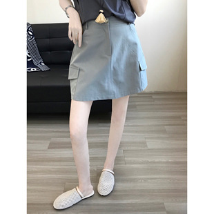 簡潔質(zhì)感工裝 大萌家 西洋古董店 松弛時髦水洗棉高腰口袋短裙