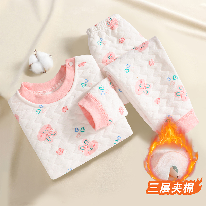女孩夹棉套装宝宝睡衣三层保暖内衣男童秋衣秋裤儿童冬季分体衣服