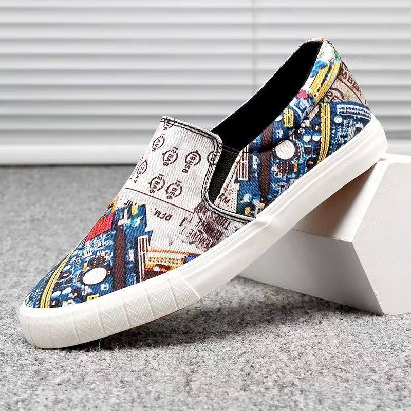 欧洲风印花潮男鞋夏季一脚蹬涂鸦学生帆布鞋男韩版百搭休闲懒人鞋,流行男鞋,帆布鞋,淘宝优惠券,粉丝福利购,淘宝优惠卷