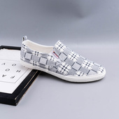 潮男格子布休闲鞋 一脚蹬平底板鞋 夏季 男鞋 简约透气百搭帆布鞋 时尚