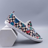 一脚蹬百搭板鞋 时尚 透气印花休闲鞋 欧美风潮男鞋 格子帆布鞋 男夏季