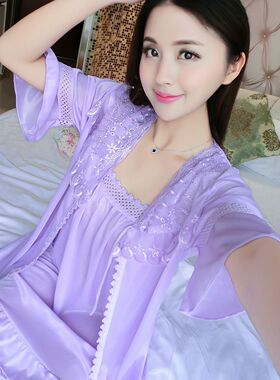 夏季性感冰丝女士睡衣大码胖MM200进蕾丝吊带睡裙居服两件套