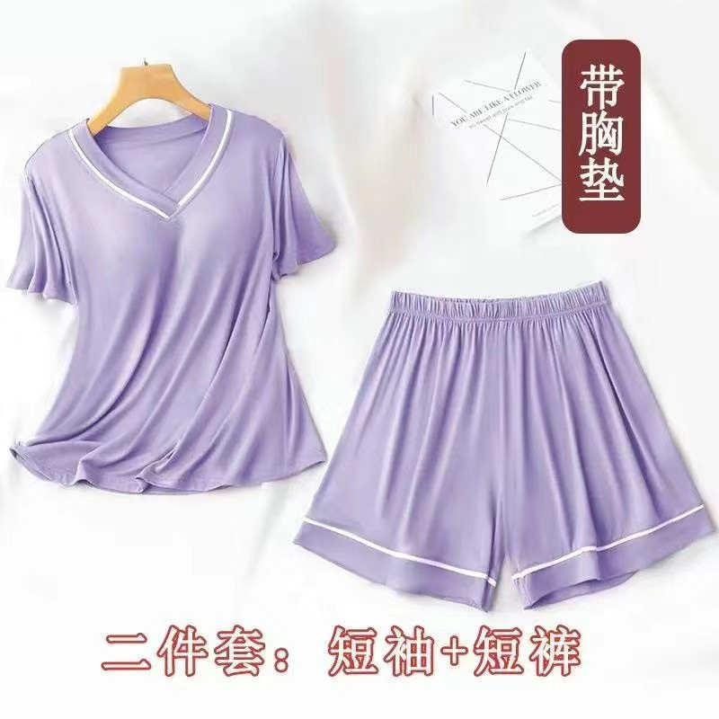 带胸垫夏季睡衣女短袖短裤纯色V领套装大码一体式免穿文胸家居服