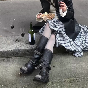 张元 复古做旧中筒靴皮带扣堆堆靴粗跟韩版 靴子小众工装 靴女 英同款