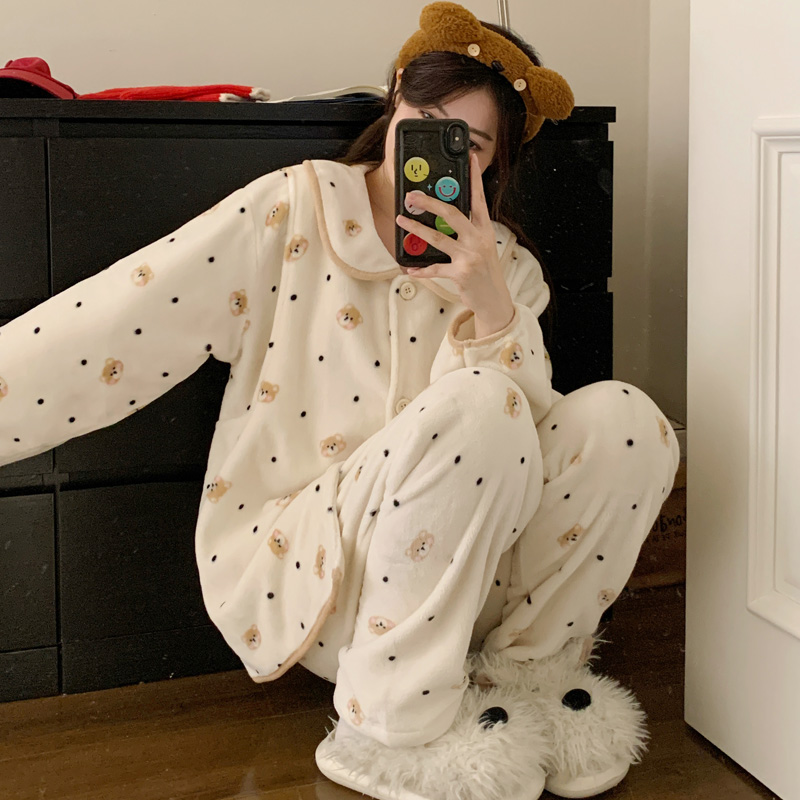 秋冬法兰绒可爱卡通孕妇睡衣女产后月子服娃娃领哺乳喂奶衣家居服