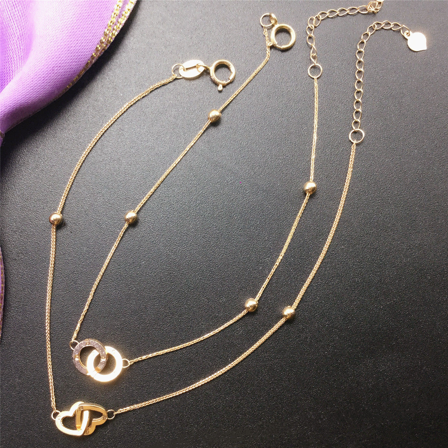 14k玫瑰金双环手链精致秀气简约肖邦双心手链女士素金手饰时尚