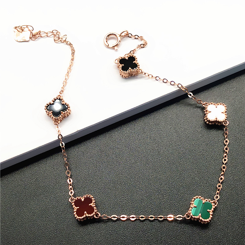 欧雅思玫瑰金585玫瑰金14k彩金女士紫金镶嵌玛瑙四叶草手链