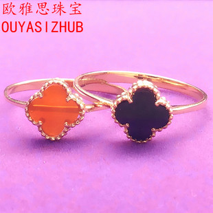 欧雅思珠宝 玫瑰金585 戒指 14K玫瑰金彩金新款红色黑色四叶草