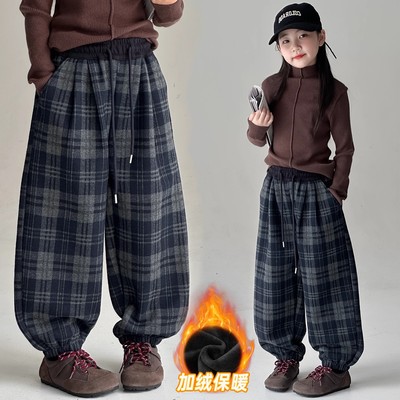 女童加绒加厚裤子束脚裤格子裤