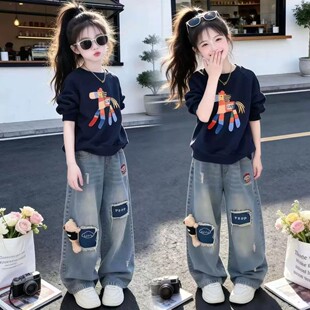 女童秋款套装2026新款儿童春秋装韩版百搭卫衣宽松牛仔裤两件套潮