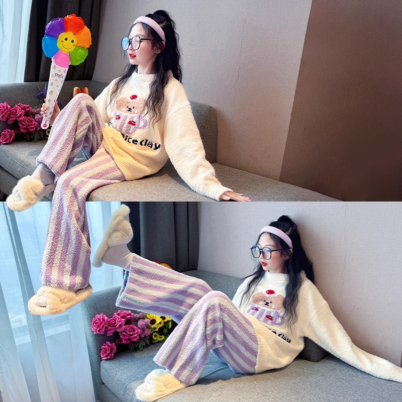 女童睡衣秋冬半边绒家居服法兰绒