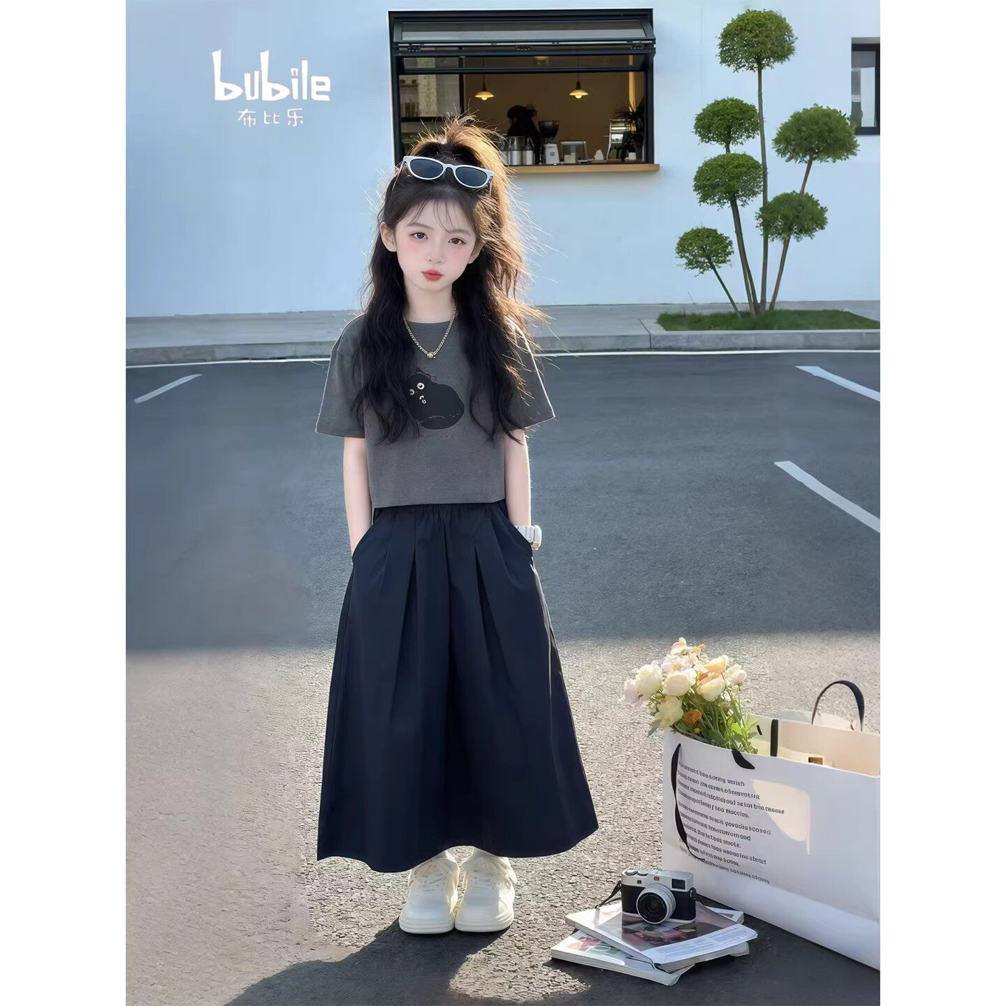 女童夏季套装2026新款儿童童装印花猫咪T恤时尚显瘦阔腿裤两件套