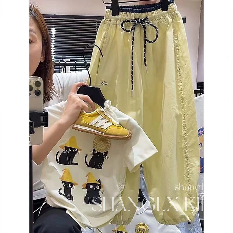 女孩套装时尚洋气时髦卡通猫咪夏装工装裤防蚊裤2026新款女童12岁