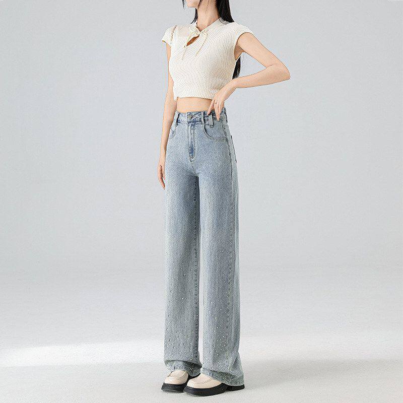 浅蓝色阔腿牛仔裤女夏季薄款2026新款小个子高腰显瘦窄版直筒裤子