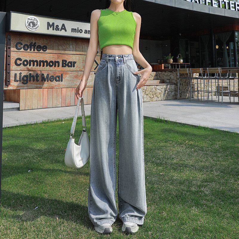 浅蓝色天丝阔腿牛仔裤女2026年夏季新款高腰显瘦垂感拖地直筒裤子