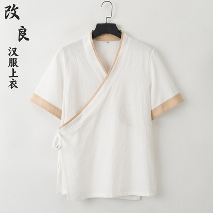 夏季改良斜襟汉服短袖右衽交领衬衫男士横卧领新中式复古棉麻开衫