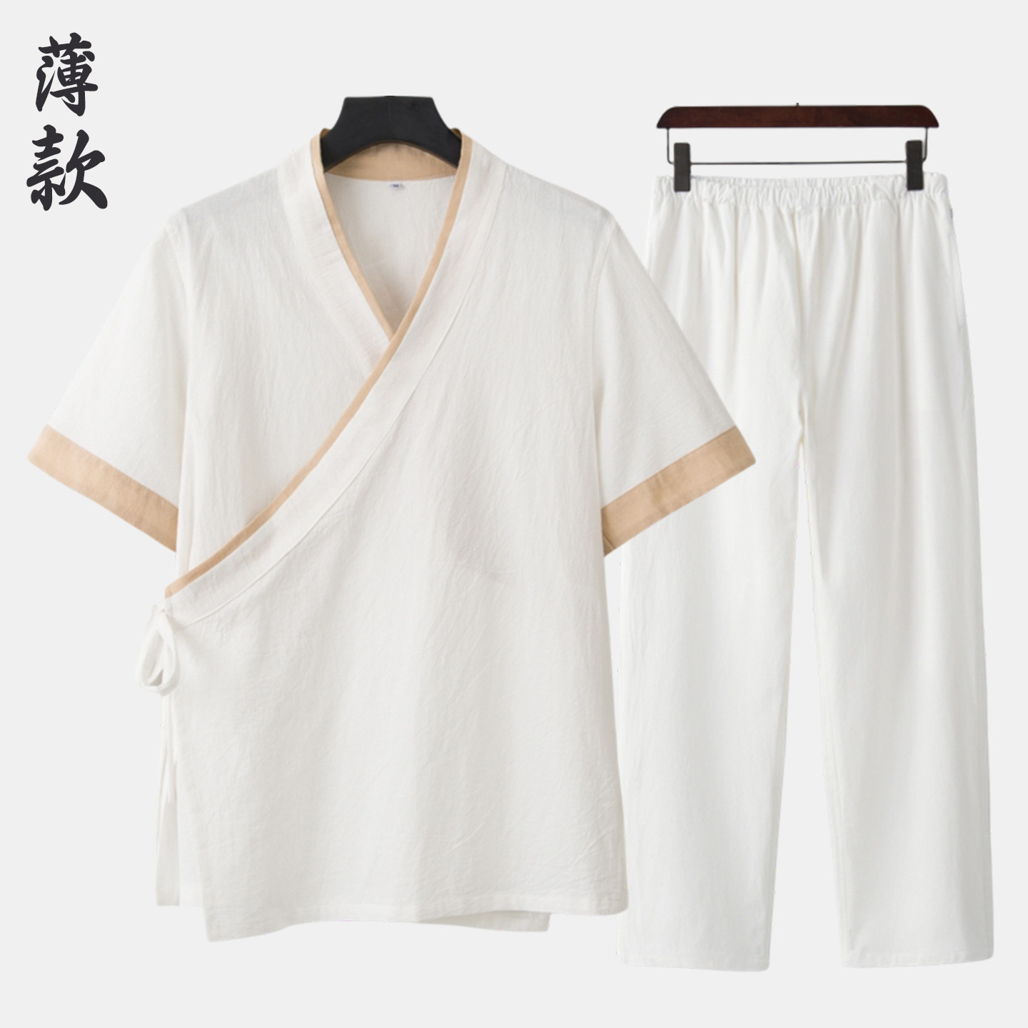 汉服男夏季改良斜襟短袖套装中式复古交领半袖男士横卧领棉麻睡衣