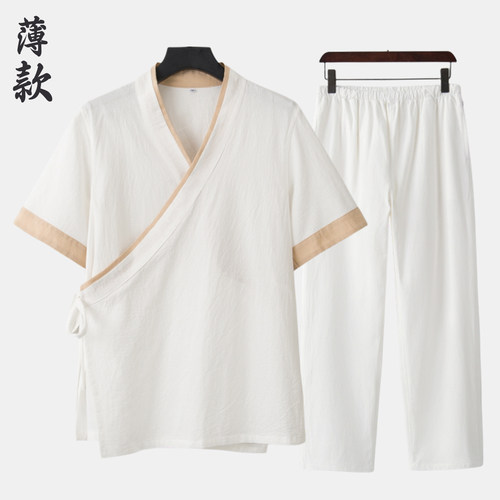 夏季男士改良斜襟棉麻汉服套装