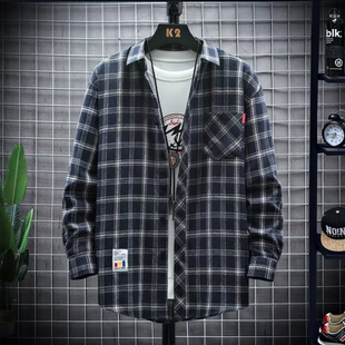 潮流百搭格子长袖 男士 薄款 秋季 衬衣春秋港风日系痞帅上衣外套 衬衫