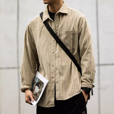 2026新款卡其浅色条纹衬衫日系cityboy宽松长袖休闲衬衣春秋季