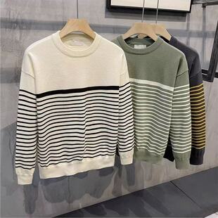 韩系毛衣男港风chic宽松内搭打底毛衫 线衣日系休闲宽松条纹针织衫