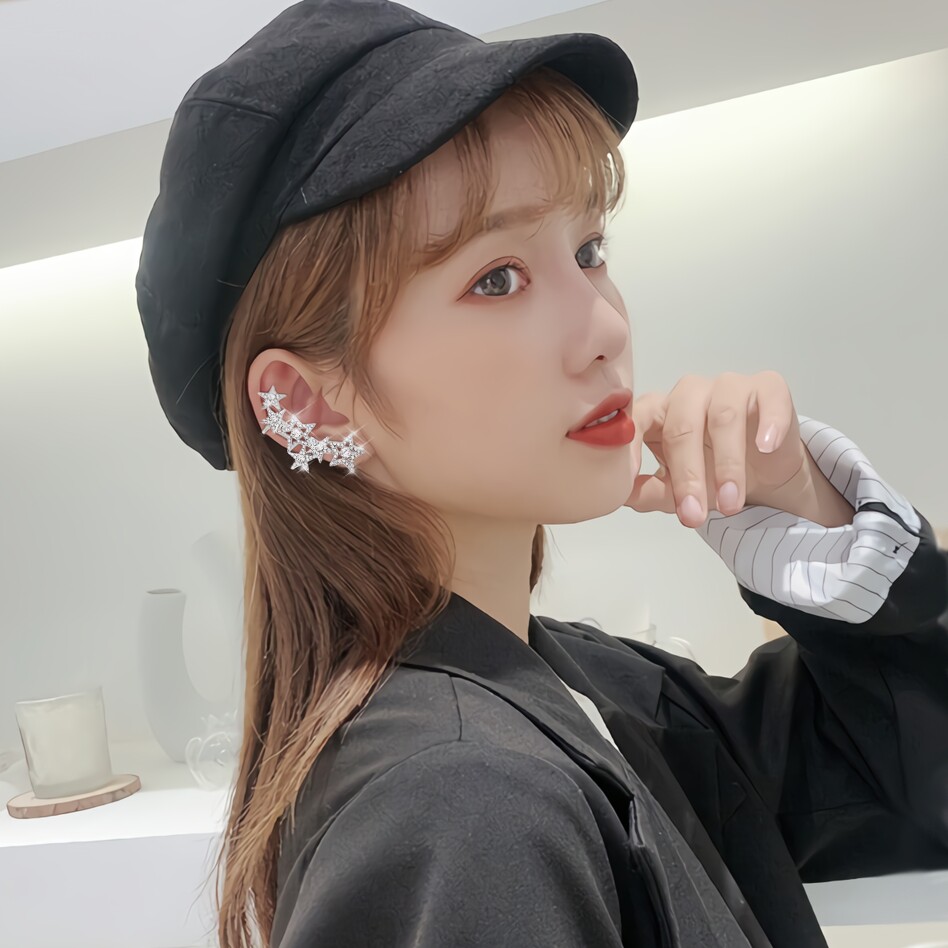 925银针水钻五角星一体式耳骨夹ins网红耳饰气质个性星星耳环女潮
