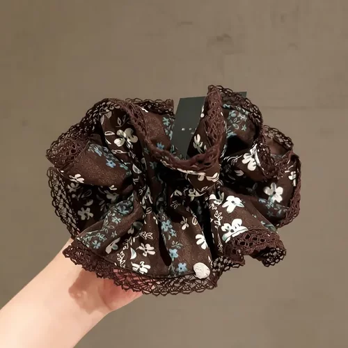 韩版东大门细款咖色碎花蕾丝边大肠发圈精致复古扎马尾新款发圈