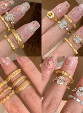 中古真金电镀锆石拉丝戒指ins轻奢高级感食指戒复古气质手饰