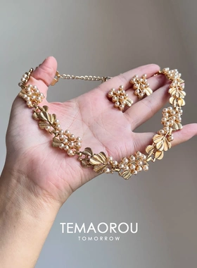 vintage中古金色项链缎带珍珠银杏叶毛衣链锁骨链中古珍珠项链