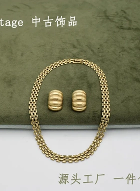 中古Vintage文艺复古编织网格菱形项链耳钉套装女士几何菱形套装