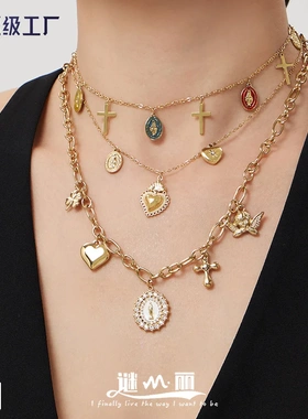 谜丽 不锈钢滴油女神圆牌十字多吊坠锁骨链欧美轻奢时尚珠宝首饰