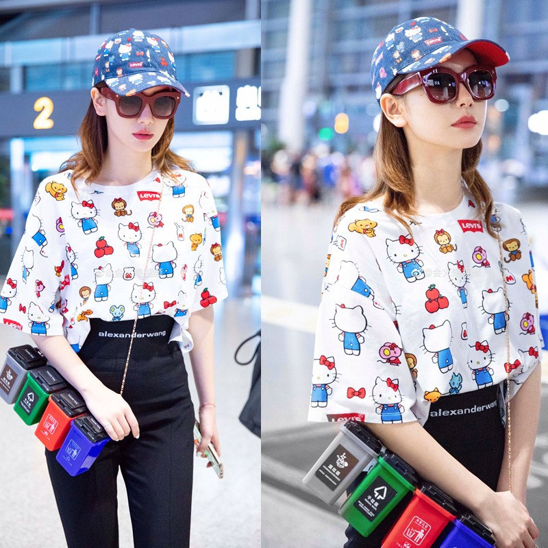戚薇明星同款HelloKitty印花纯棉中学生t恤女夏宽松可爱少女上衣