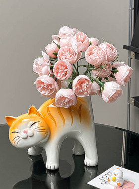 SuMai批发高级感猫咪花瓶陶瓷轻奢风玄关客厅餐桌仿真花家居