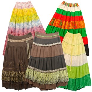 古着vintage波西米亚高腰拼接百褶裙复古民族风少女春夏半身裙i