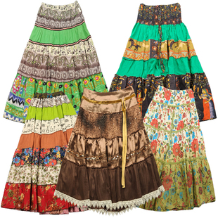 古着vintage波西米亚高腰碎花拼接百褶复古民族风少女春夏半身裙V
