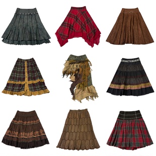 古着vintage复古A字亚比森系外贸秋冬暗黑废土流浪风毛呢半身裙k