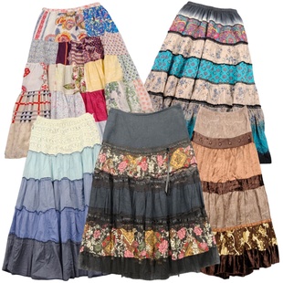 古着vintage波西米亚高腰拼接百褶裙复古民族风少女春夏半身裙y