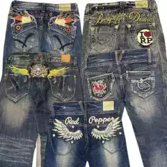 Vintage Export Denim Y2K Millennial Subculture Y2K Punk Low-Rise Wide-Leg Flared Pants with Embroidery