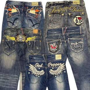古着外贸牛仔辣妹Y2K千禧亚文化亚比朋克低腰阔腿微喇叭长裤刺绣