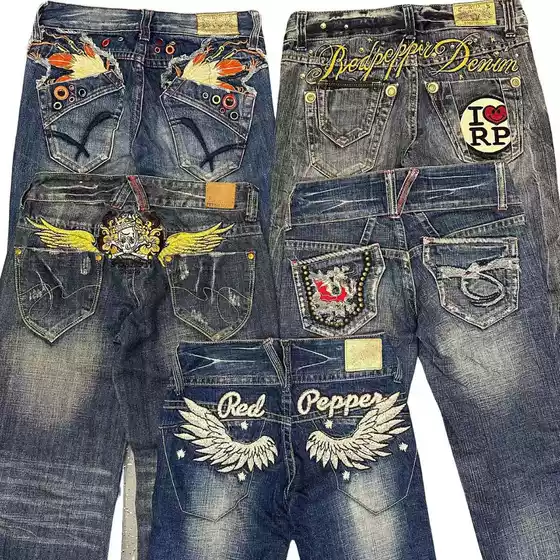 Vintage Export Denim Y2K Millennial Subculture Y2K Punk Low-Rise Wide-Leg Flared Pants with Embroidery